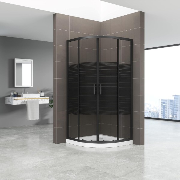 ELLA - Cabina de ducha cuadrante de cristal transparente con rayas negras, puertas correderas con perfiles negros