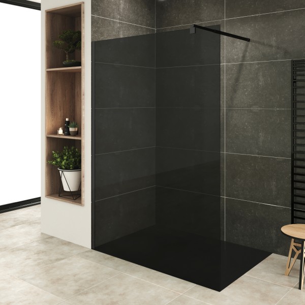 FIONA - Panel de ducha Walk-In de vidrio templado oscuro y perfil de aluminio negro