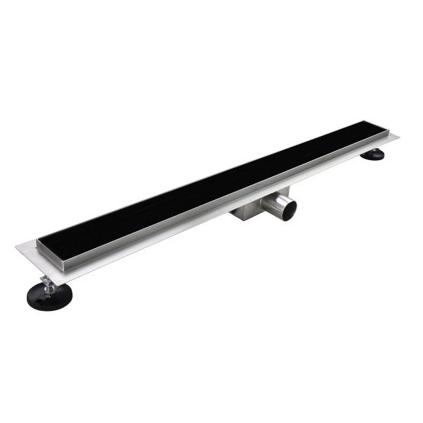 Canaleta de Ducha Rectangular Ultra Plano Acero Inoxidable Modelo R3 Reborde Desagüe Cristal Negro