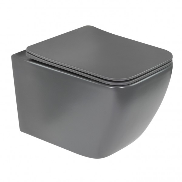 Toilette Hänge WC Spülrandlos inkl. WC Sitz mit Absenkautomatik SOFTCLOSE + abnehmbar Cube Grau