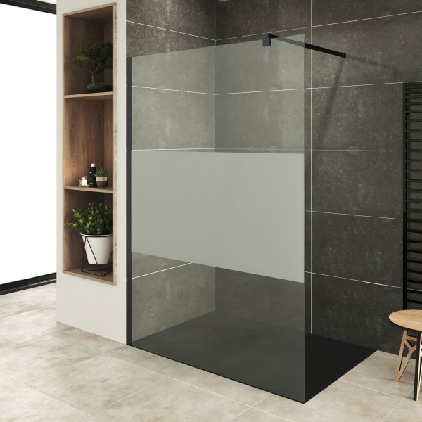 FIONA - Panel de ducha Walk-in de cristal templado parcialmente satinado y perfil de aluminio negro