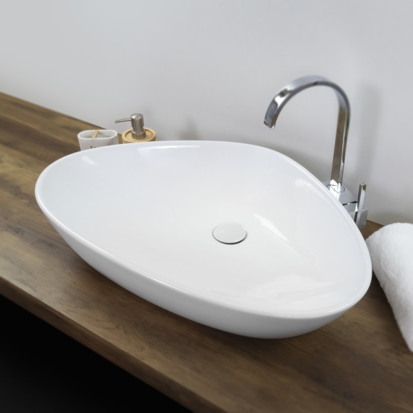 UNITI - Lavabo de encimera en cerámica de diseño 67x44x15 cm, condesagüe cerámico en blanco.