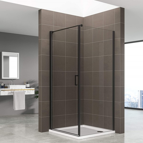HELLEN - Mampara de ducha frontal con puertas batientes de cristal templado y perfiles negros