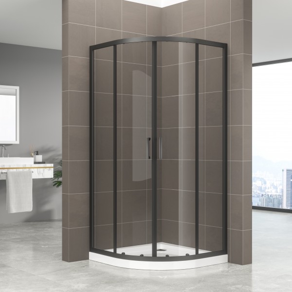 ELLA - Cabina de ducha cuadrante de cristal transparente, puertas correderas y perfiles negros
